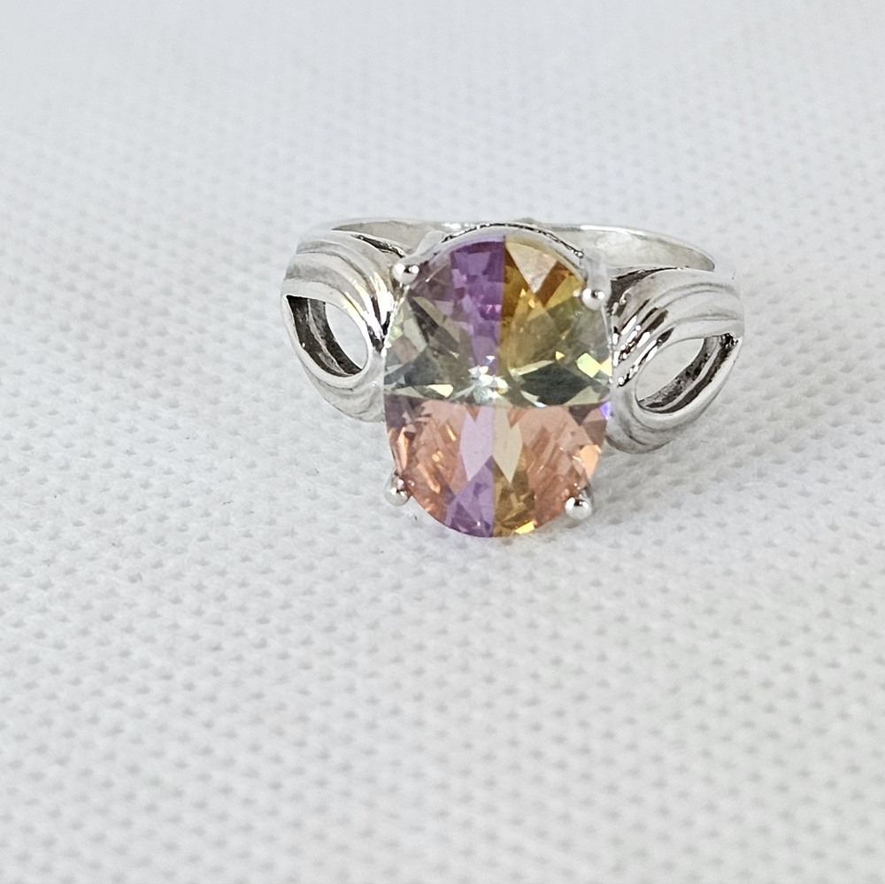 Genuine Sunset Quartz Ring Sterling Silver Platinum Finish Size 8
